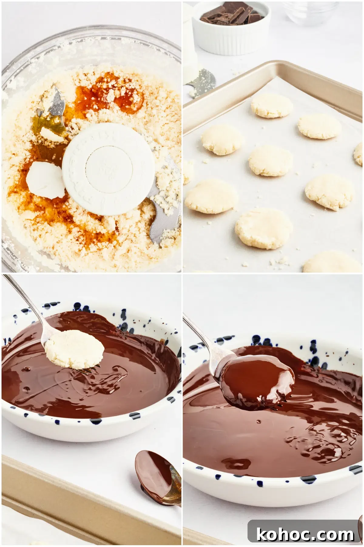 Dairy Free Peppermint Patties @spabettie #dairyfree #vegan #glutenfree #homemade #chocolate A four image collage showing how to make dairy free peppermint patties: process coconut to a paste, add flavorings and sweetener, shape into discs, and dip into melted chocolate.