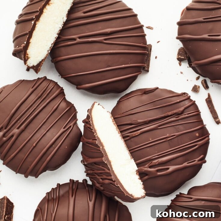 Overhead view dairy free peppermint patties on a white background.