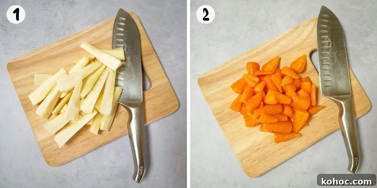 Peel and chop parsnips and carrots