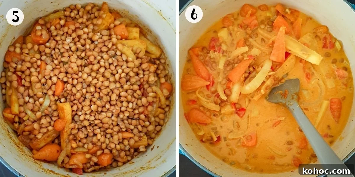 add lentils and coconut milk