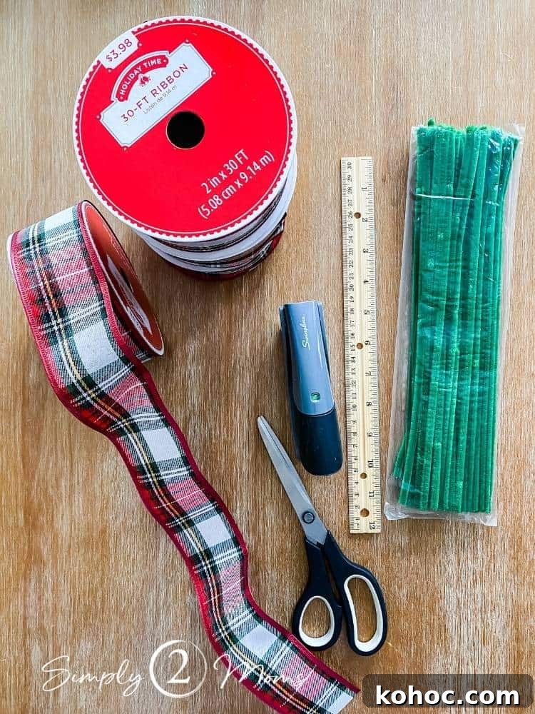 Create Fluffy Christmas Bows in 5 Simple Steps 18 product supplies to make bows on table