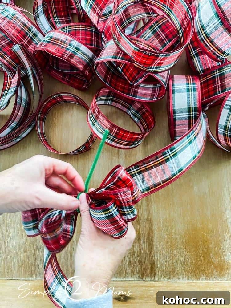 Create Fluffy Christmas Bows in 5 Simple Steps 8 hands holding ribbon pieces and pipe cleaner twisting together to make fluffy bow