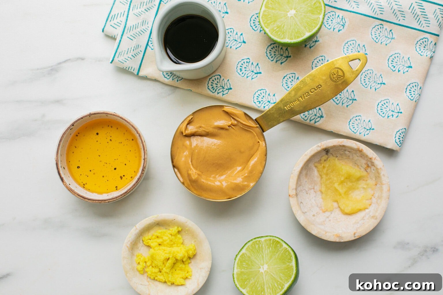 peanut butter, soy sauce, agave, lime juice, ginger, garlic, hot water