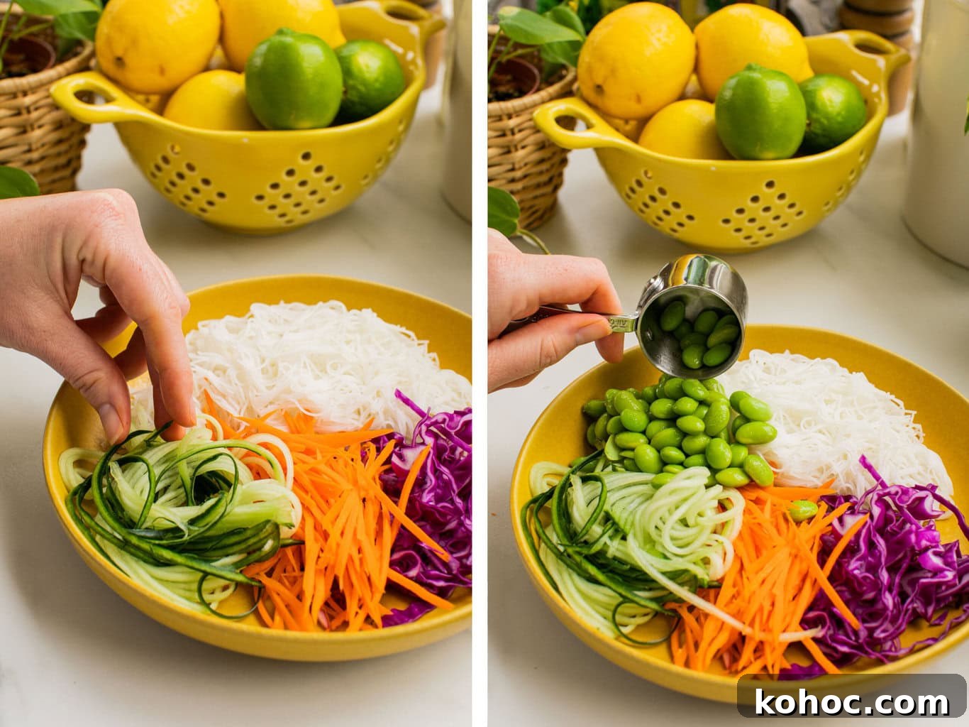 add veggies and rice noodles to the bowl