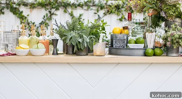 Garden Cocktail Party: Mix & Match Refreshment Bar Ideas 12 Cocktail Garden Bar with fresh herbs, flowers, cocktails and ingredients to make cocktails.