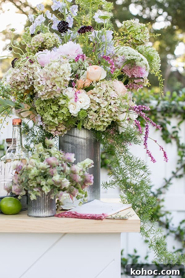 Garden Cocktail Party: Mix & Match Refreshment Bar Ideas 13 Large garden flower arrangement in a tin vase on an outdoor bar.