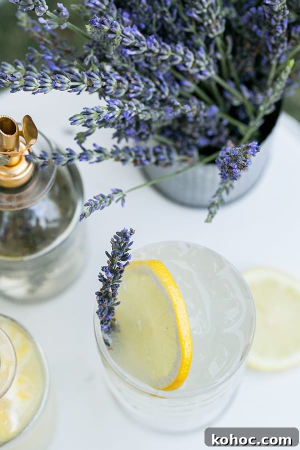 Garden Cocktail Party: Mix & Match Refreshment Bar Ideas 15 Lavender and lemon cocktail in glass with lemon garnish.