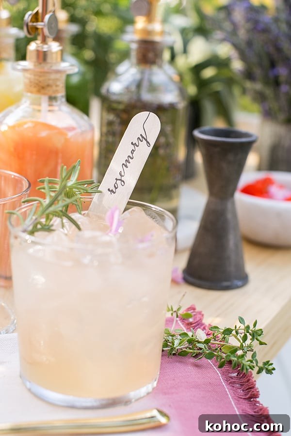 Garden Cocktail Party: Mix & Match Refreshment Bar Ideas 16 Pink cocktail with wooden stick and rosemary garnish.