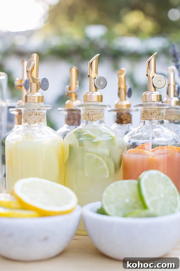 Garden Cocktail Party: Mix & Match Refreshment Bar Ideas 4 Fresh lemon juice, fresh lime juice and fresh juice in bottles.