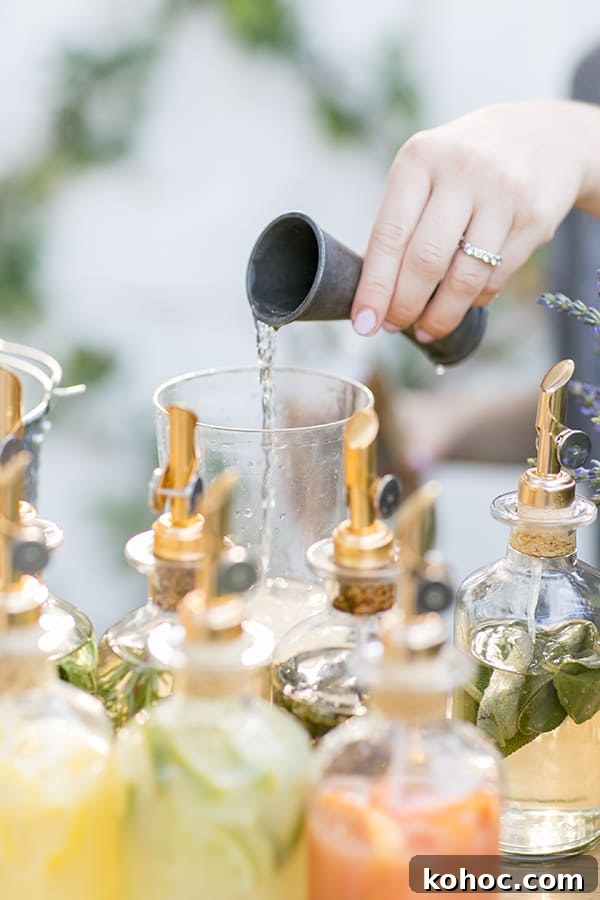 Garden Cocktail Party: Mix & Match Refreshment Bar Ideas 8 Pouring a spirit into a cocktail shaker.