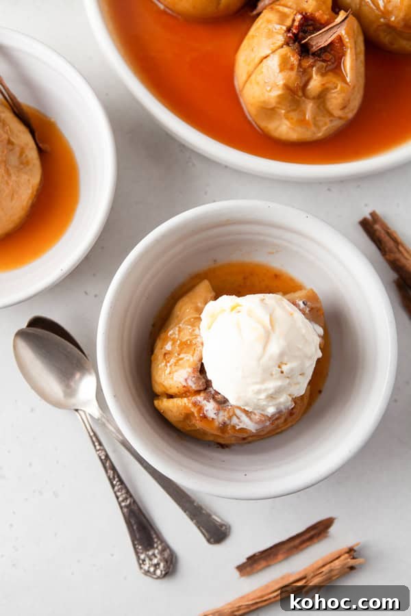 Cinnamon Baked Apples topped with ice cream. 