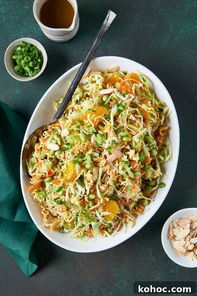 Crunchy Ramen Noodle Salad with Cabbage & Almonds 3 top view of a large platter with ramen salad