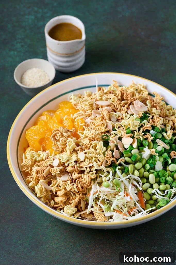 Crunchy Ramen Noodle Salad with Cabbage & Almonds 10 Salad ingredients in a bowl