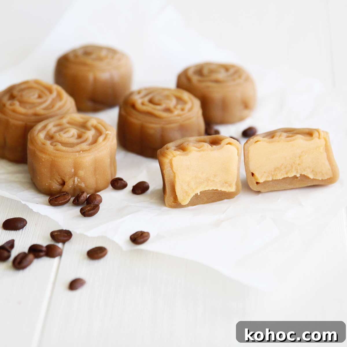 Vegan Gluten-Free Coffee Snow Skin Mooncakes Recipe 2 coffee snowskin mooncakes with coffee bean paste filling