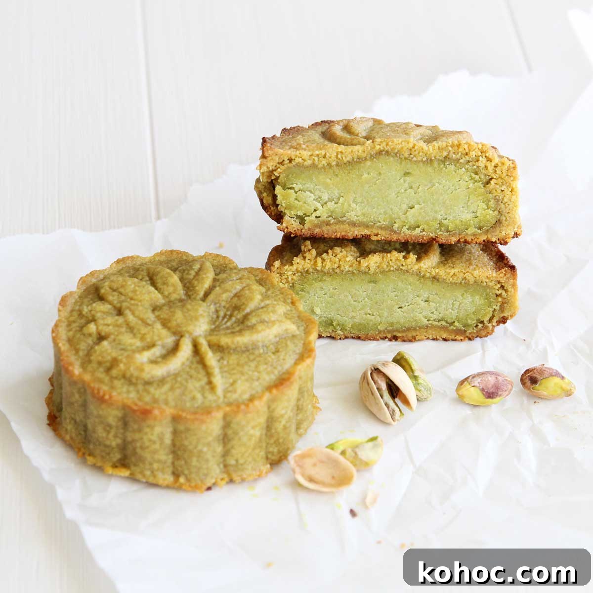vegan pistachio mooncakes with matcha mung bean filling