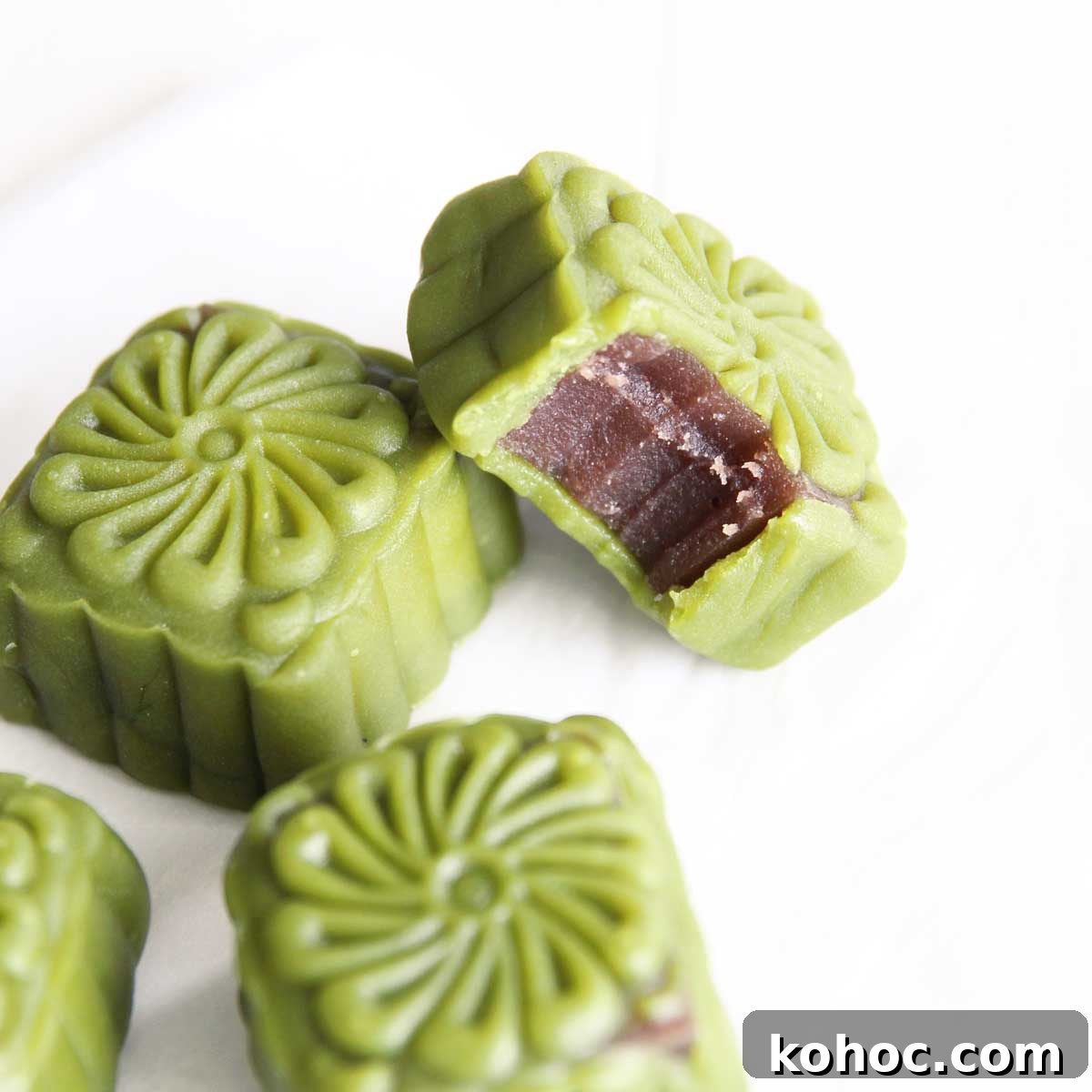 matcha green tea snowskin mooncakes with red bean yokan filling