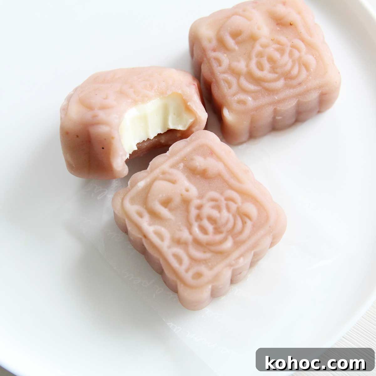 strawberry snowskin mooncakes with white filling