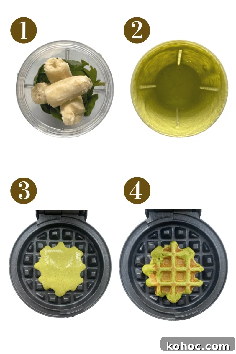 Green Spinach Banana Waffles Recipe | Fluffy & Nutritious Breakfast 4 Steps for making spinach banana waffles. Specific provided in recipe card.