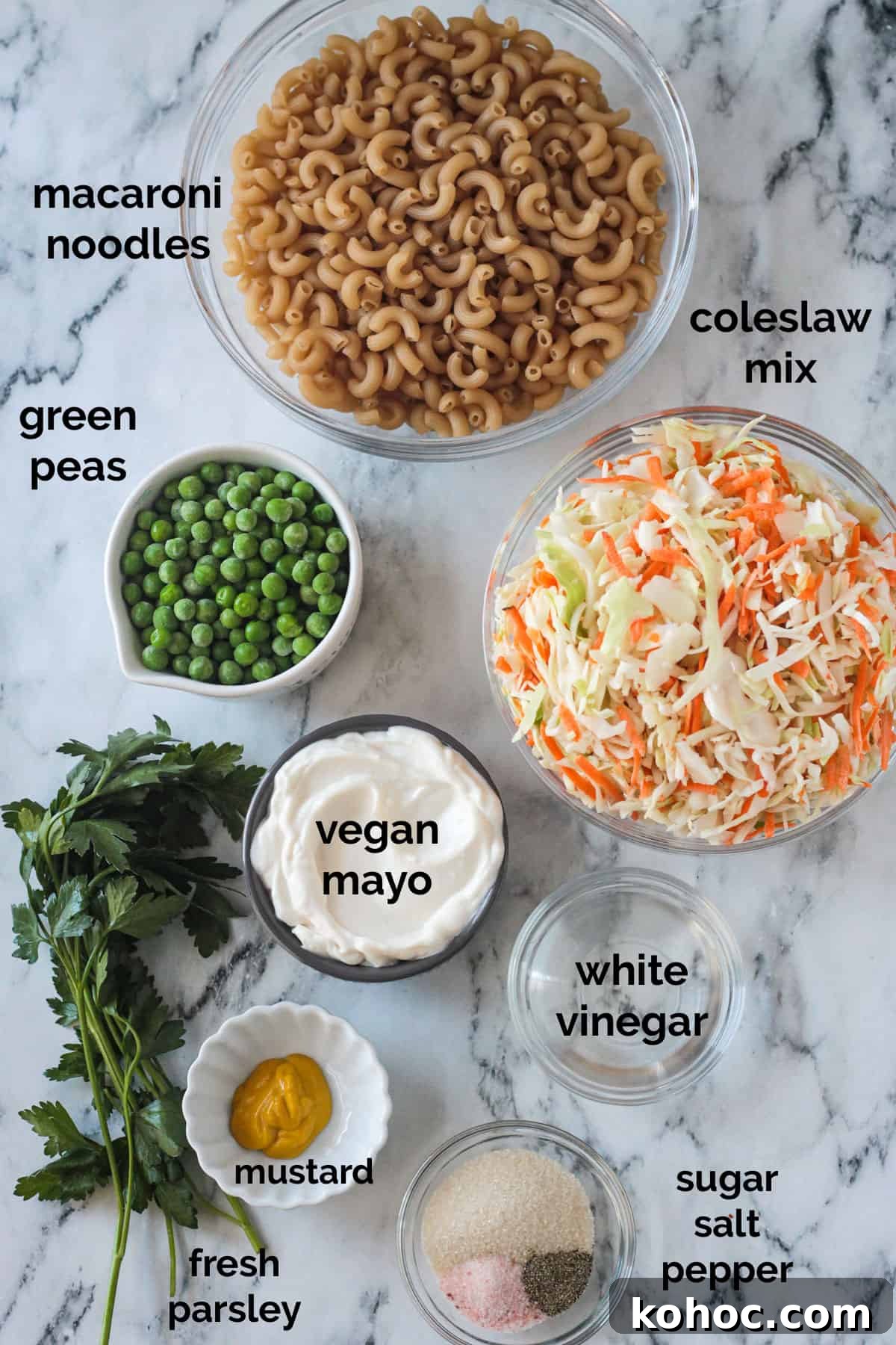 Creamy No-Chop Vegan Macaroni Salad for Quick Meals 3 Recipe ingredients arrayed in individual bowls.