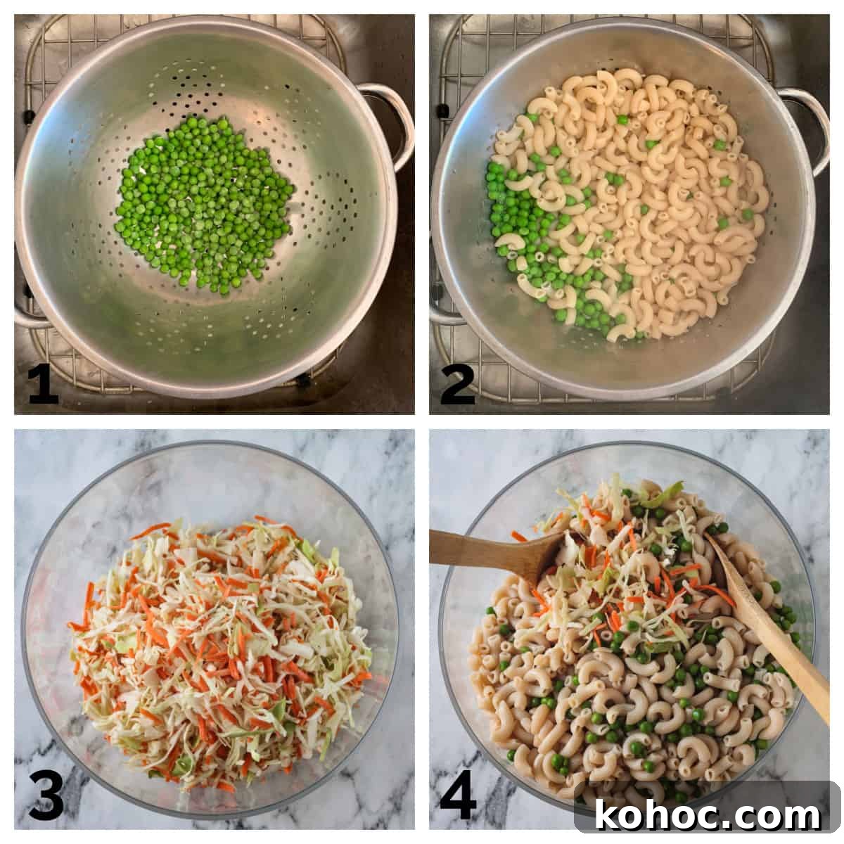 Creamy No-Chop Vegan Macaroni Salad for Quick Meals 4 4 photo collage of draining peas and pasta and mixing with coleslaw.