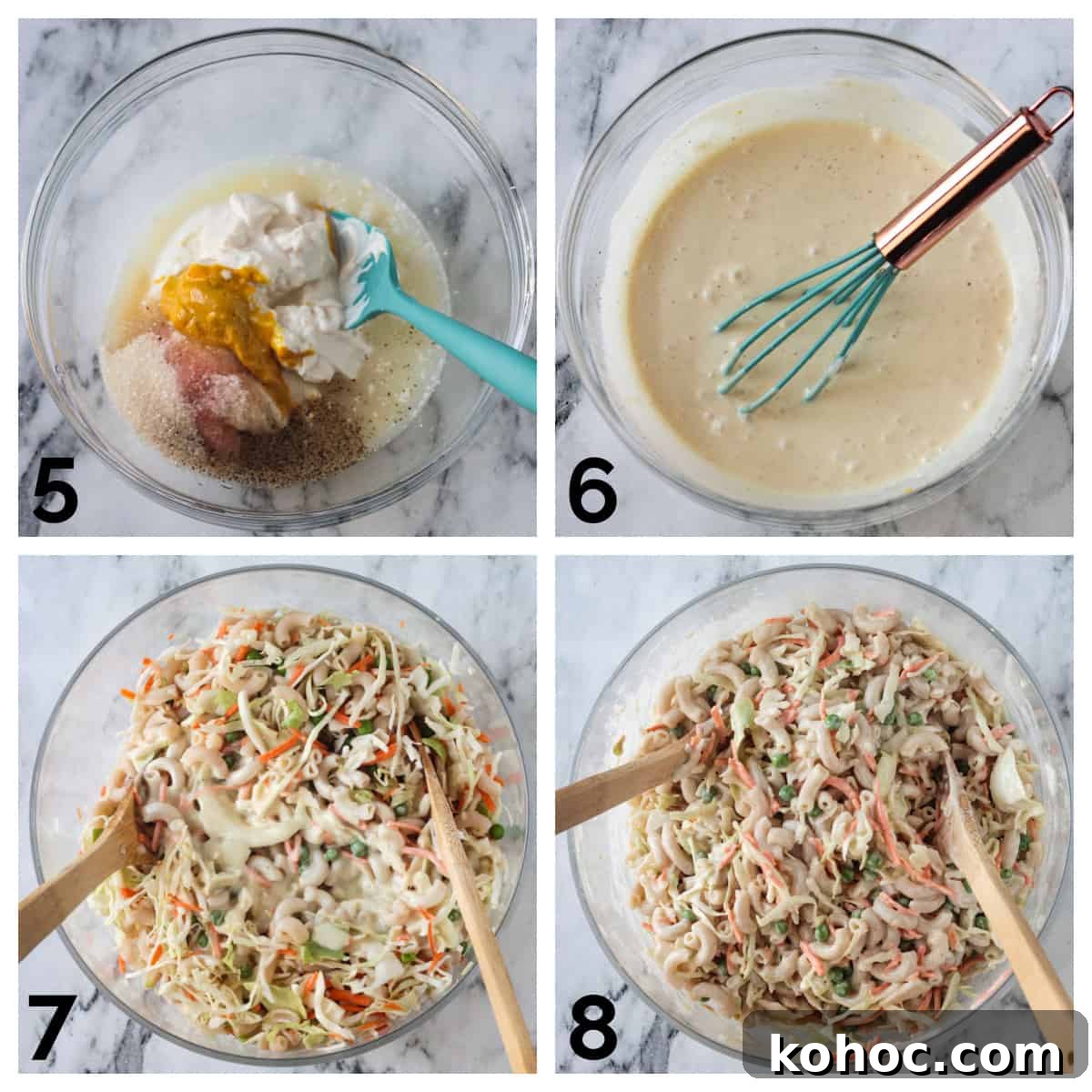 Creamy No-Chop Vegan Macaroni Salad for Quick Meals 5 4 photo collage of whisking dressing and mixing it with the pasta and veggies.