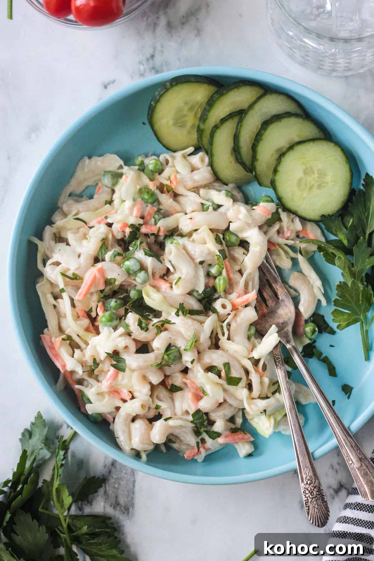 Creamy No-Chop Vegan Macaroni Salad for Quick Meals 7 Close up of creamy noodles and veggies.