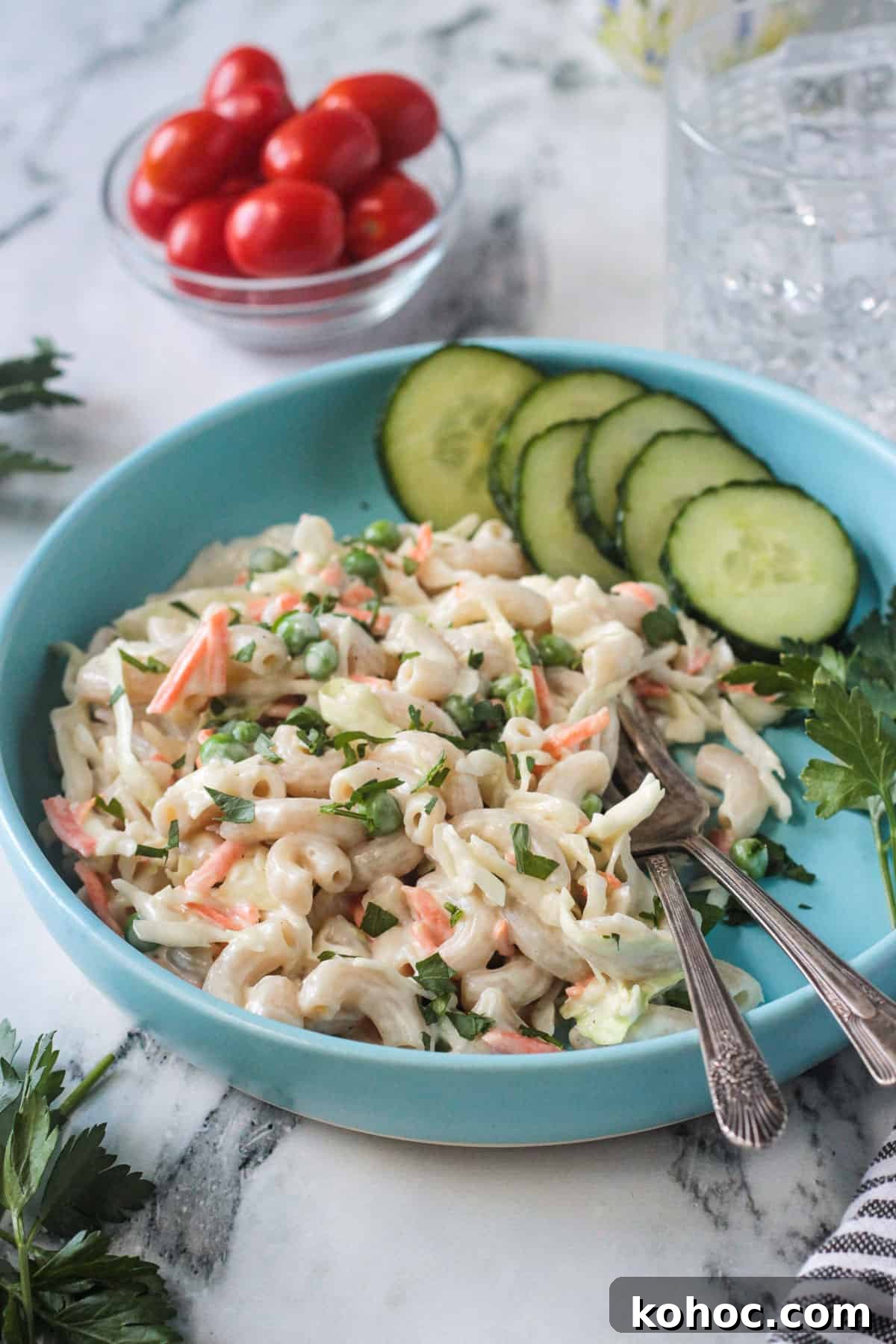 Creamy No-Chop Vegan Macaroni Salad for Quick Meals 9 Creamy dressing over pasta salad.