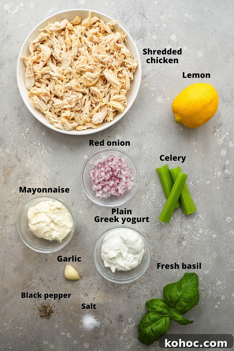 Ingredients used to make lemon basil chicken salad