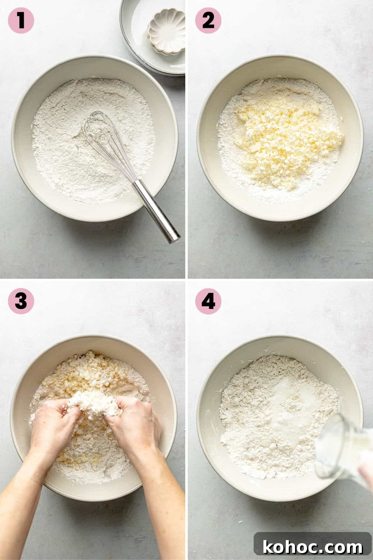 Tender Fluffy Gluten-Free Drop Biscuits Recipe for Perfect Results 4 Gluten free flour in a large mixing bowl with grated butter, pouring in buttermilk.
