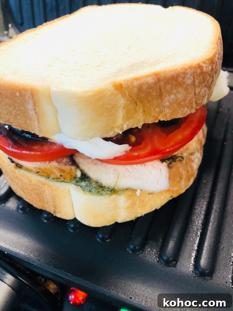 Caprese Chicken Panini Recipe: Melty Tomato, Basil & Mozzarella 6 sandwich on panini press before cooking
