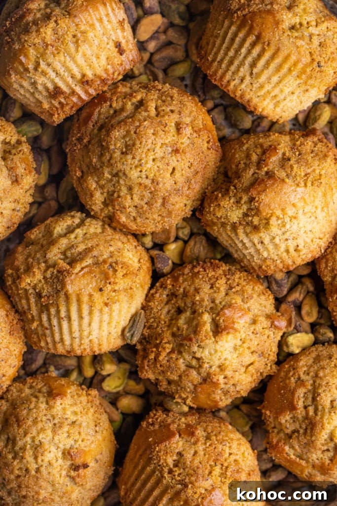 Close up of Pistachio Muffins surrounded by shelled pistachios