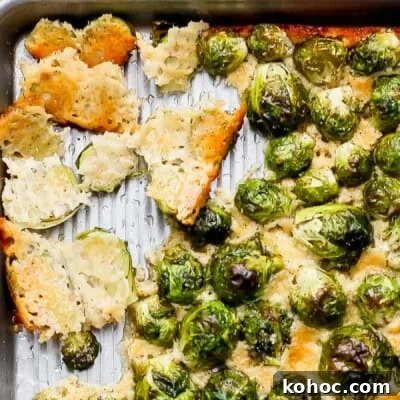 Parmesan crusted Brussels sprouts on a sheet pan.