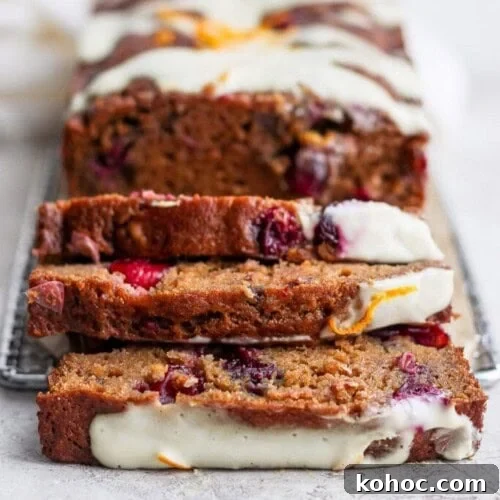 Cranberry orange bread with icing.