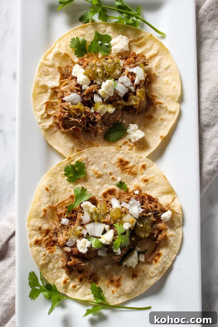Tacos de carnitas on plate.