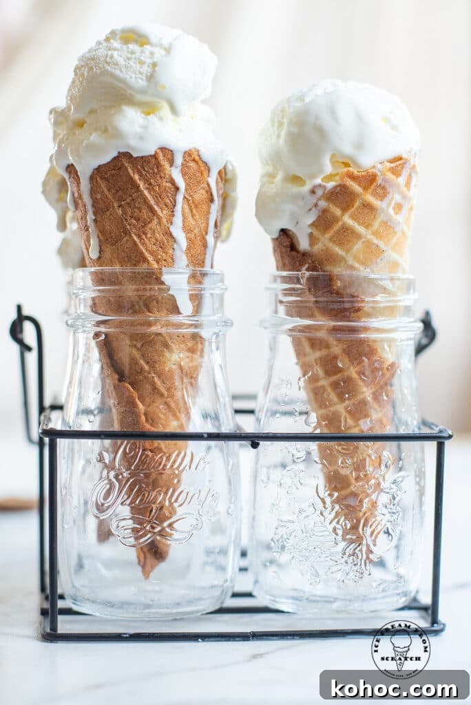 Creamy Homemade Coconut Sorbet Recipe 2 two ice cream cones with a scoop of coconut sorbet on top