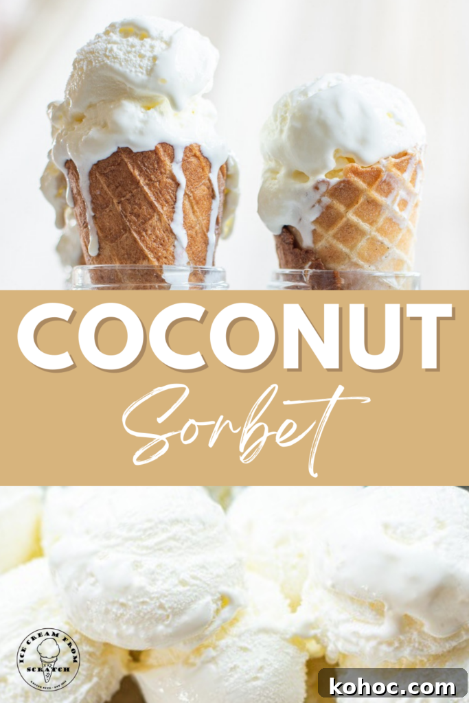 Creamy Homemade Coconut Sorbet Recipe 7 pinterest pin collage for coconut sorbet