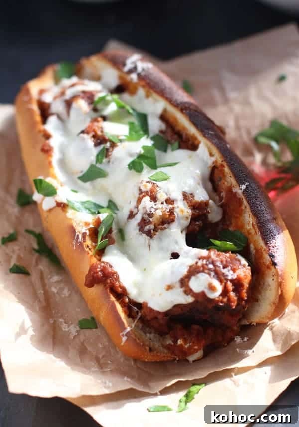 Smoked Meatball Sub topped with smoked marinara and cheese