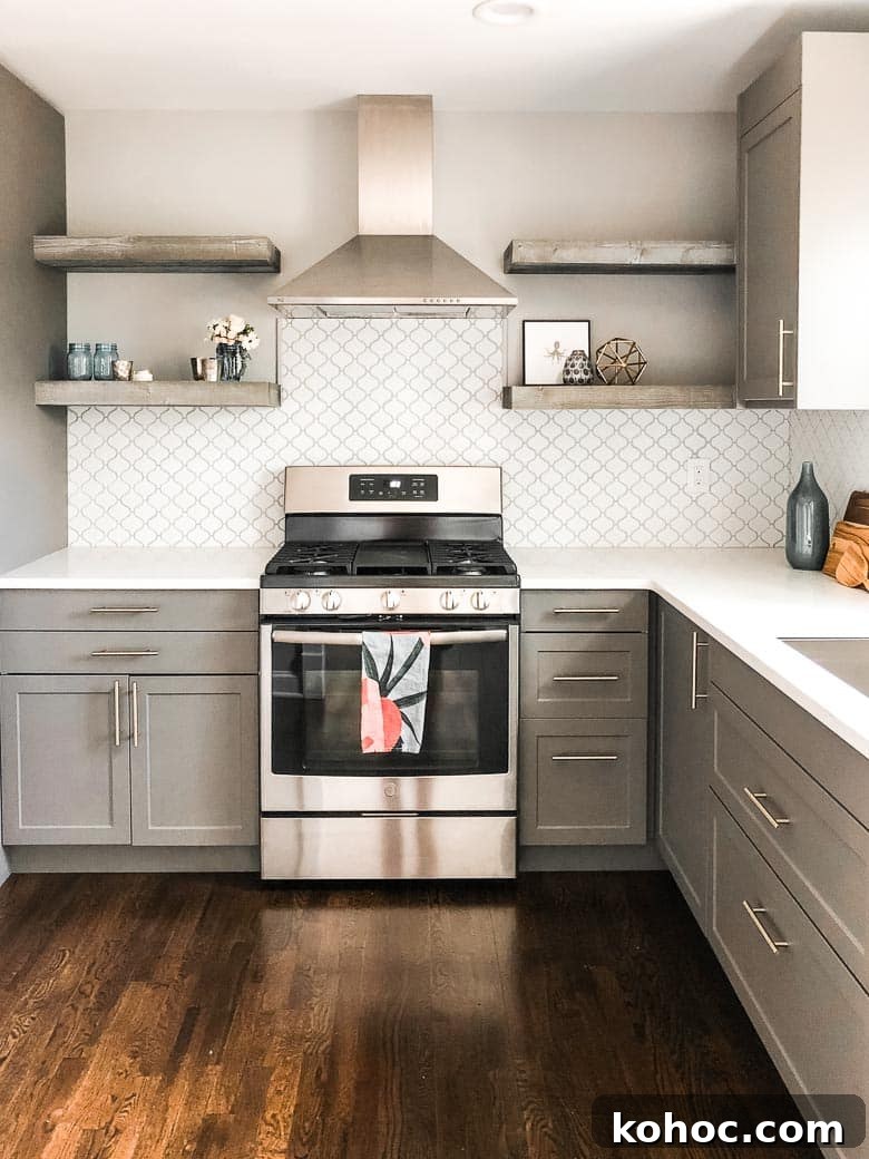 Open shelving over stove in this kitchen remodel before and after for a rental property