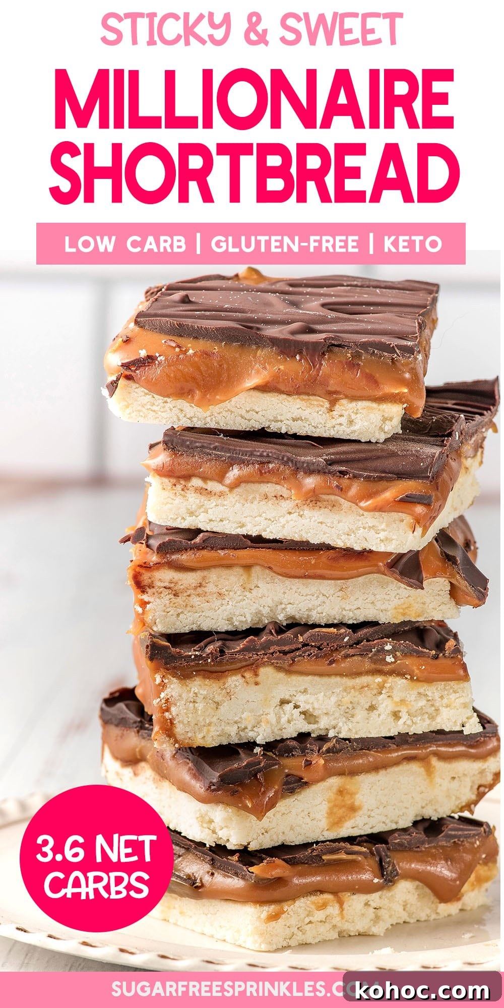 Low-Carb Millionaire Bars: Gooey Sugar-Free Caramel Treat 12 Closeup of a stack of low carb millionaire bars with heading for Pinterest.