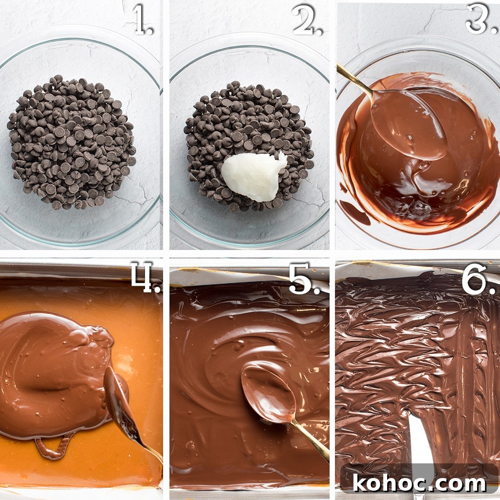 Low-Carb Millionaire Bars: Gooey Sugar-Free Caramel Treat 7 In process step by step shots for making a chocolate topping