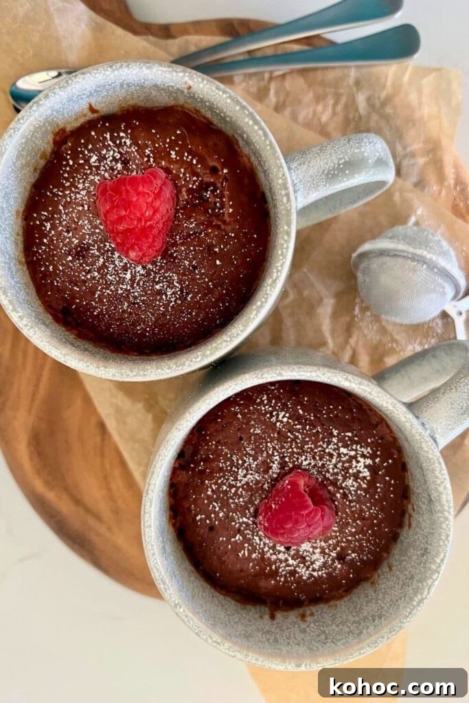 15+ Decadent Chocolate Sourdough Recipes to Try 16 2 sourdough chocolate mug cakes that have been dusted with powdered sugar and topped with a fresh raspberry.
