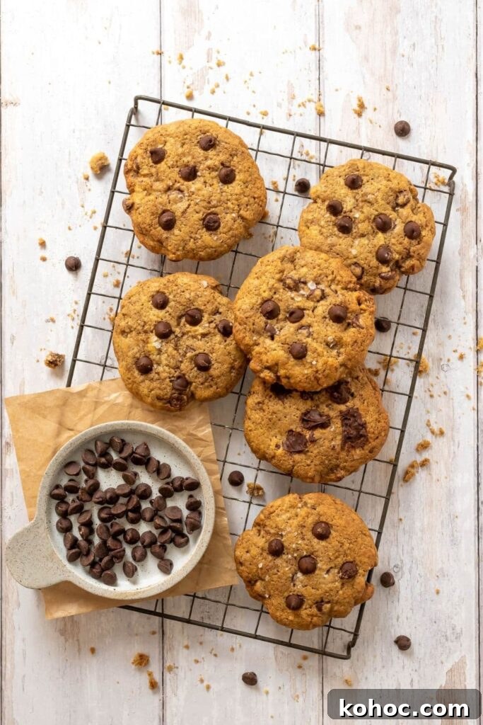 15+ Decadent Chocolate Sourdough Recipes to Try 19 A black wire cooking rack with 6 sourdough chocolate chip cookies sitting on top it.