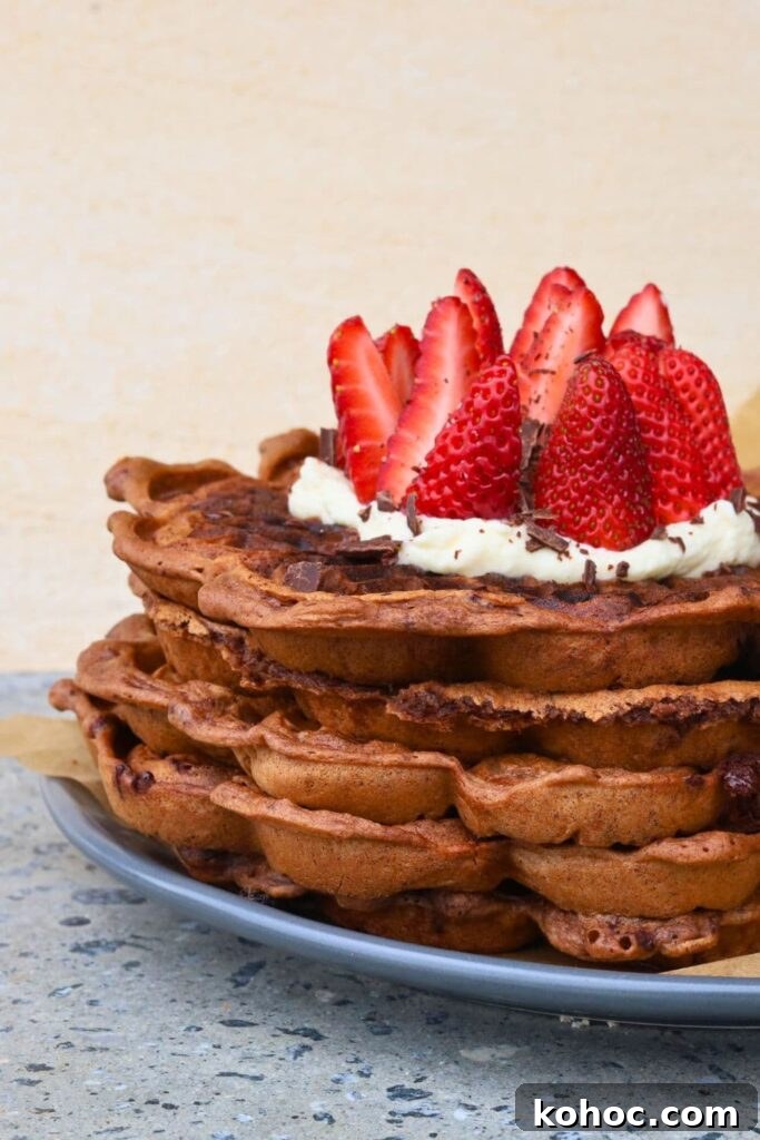 15+ Decadent Chocolate Sourdough Recipes to Try 7 A stack of 4 sourdough chocolate waffles topped with whipped cream and fresh strawberries.