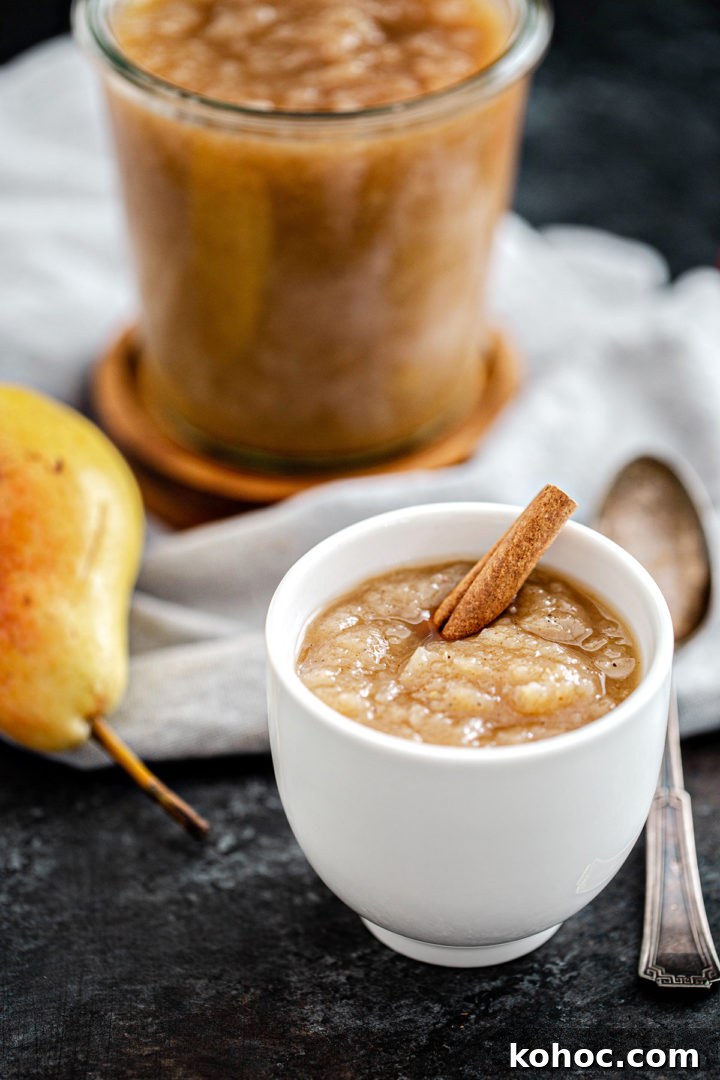 Homemade Pear Sauce Recipe: Smooth, Sweet, and Simple 8 a serving of pear sauce in a white bowl with a spoon