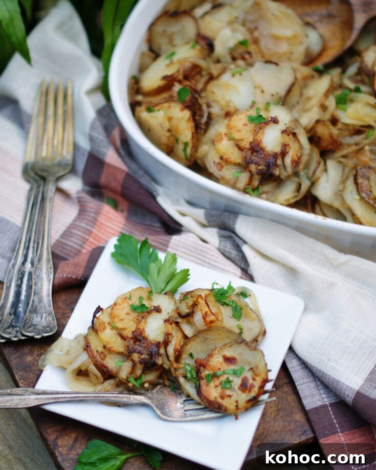Lyonnaise Potatoes on a plate and in a serving dish.