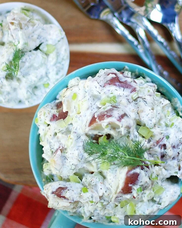 creamy dill potato salad made with red potatoes and sour cream