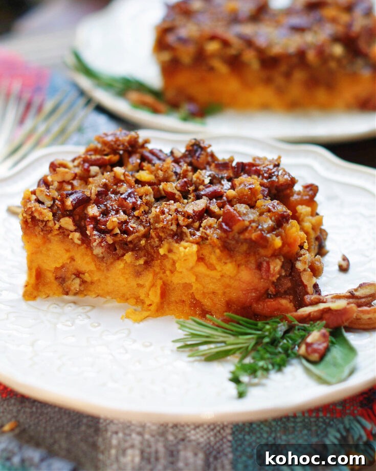 classic southern sweet potato casserole with a crisp brown sugar pecan topping