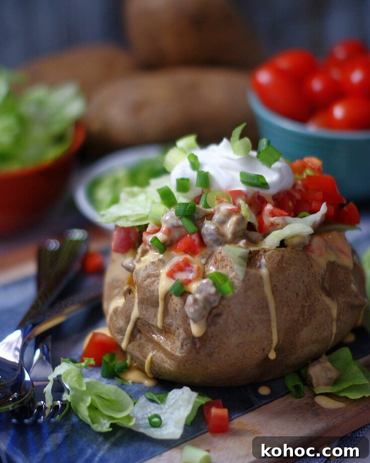 A baked potato stuffed with spicy sausage queso, lettuce, tomatoes and sour cream.