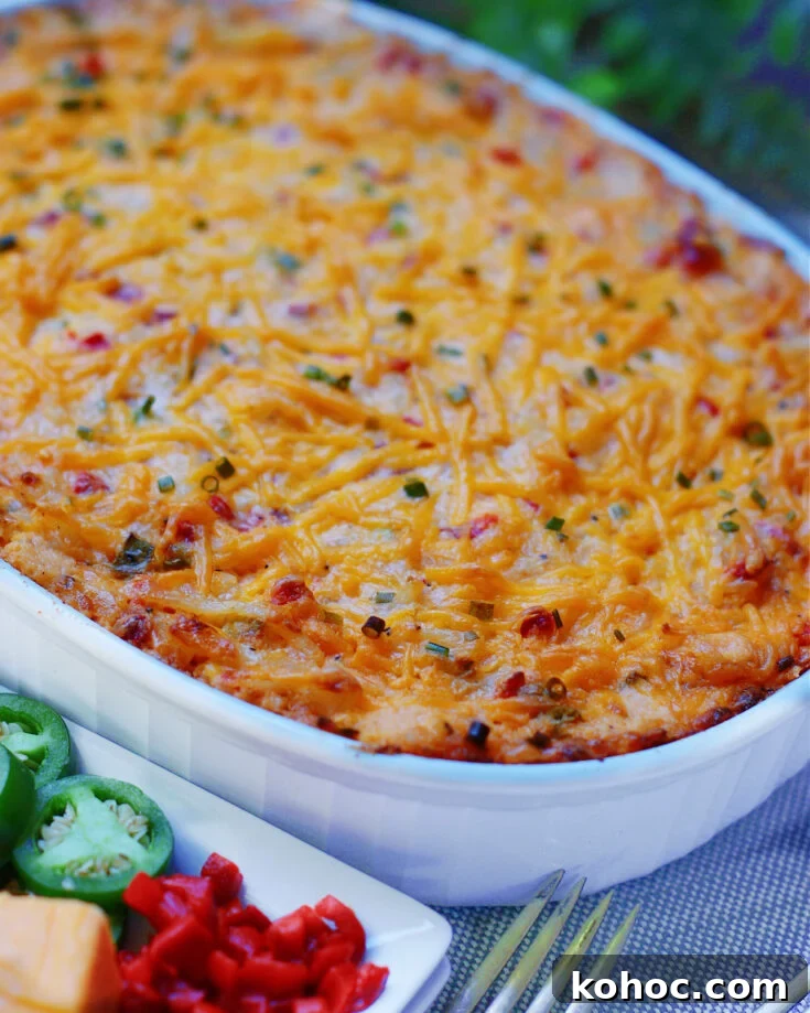cheesy hash brown casserole made with pimento cheese