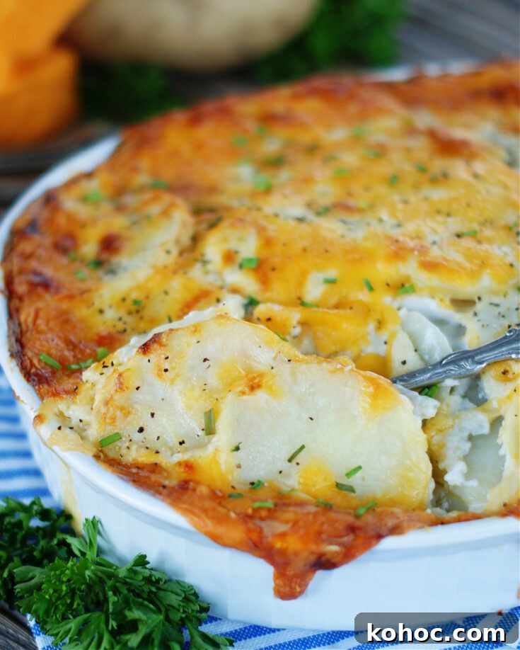 Rich cream sauce and a topping of cheese make a delicious scalloped potatoes side dish.